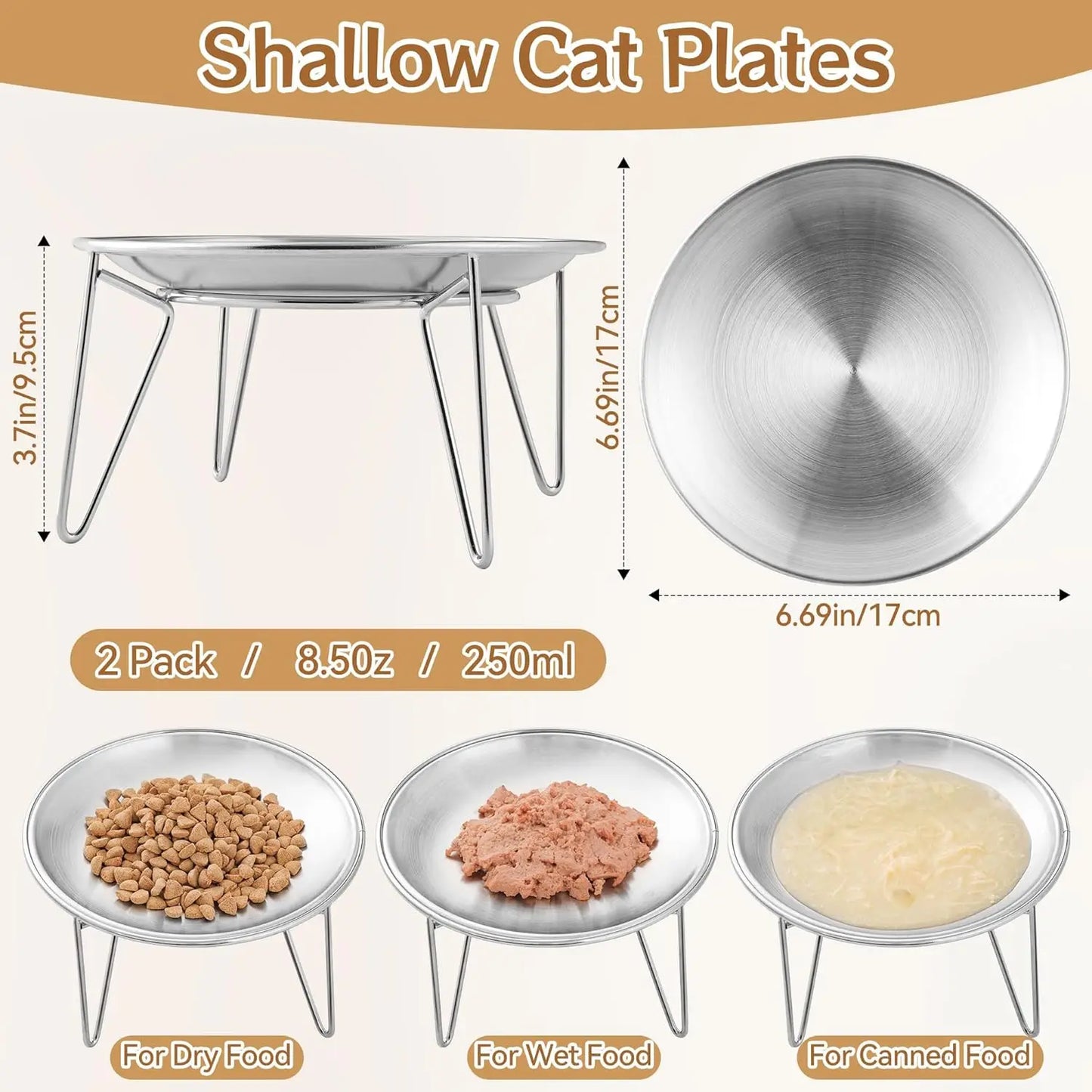 Stainless Steel Elevated Cat Bowls with Stand - Shallow Design for Whisker Fatigue