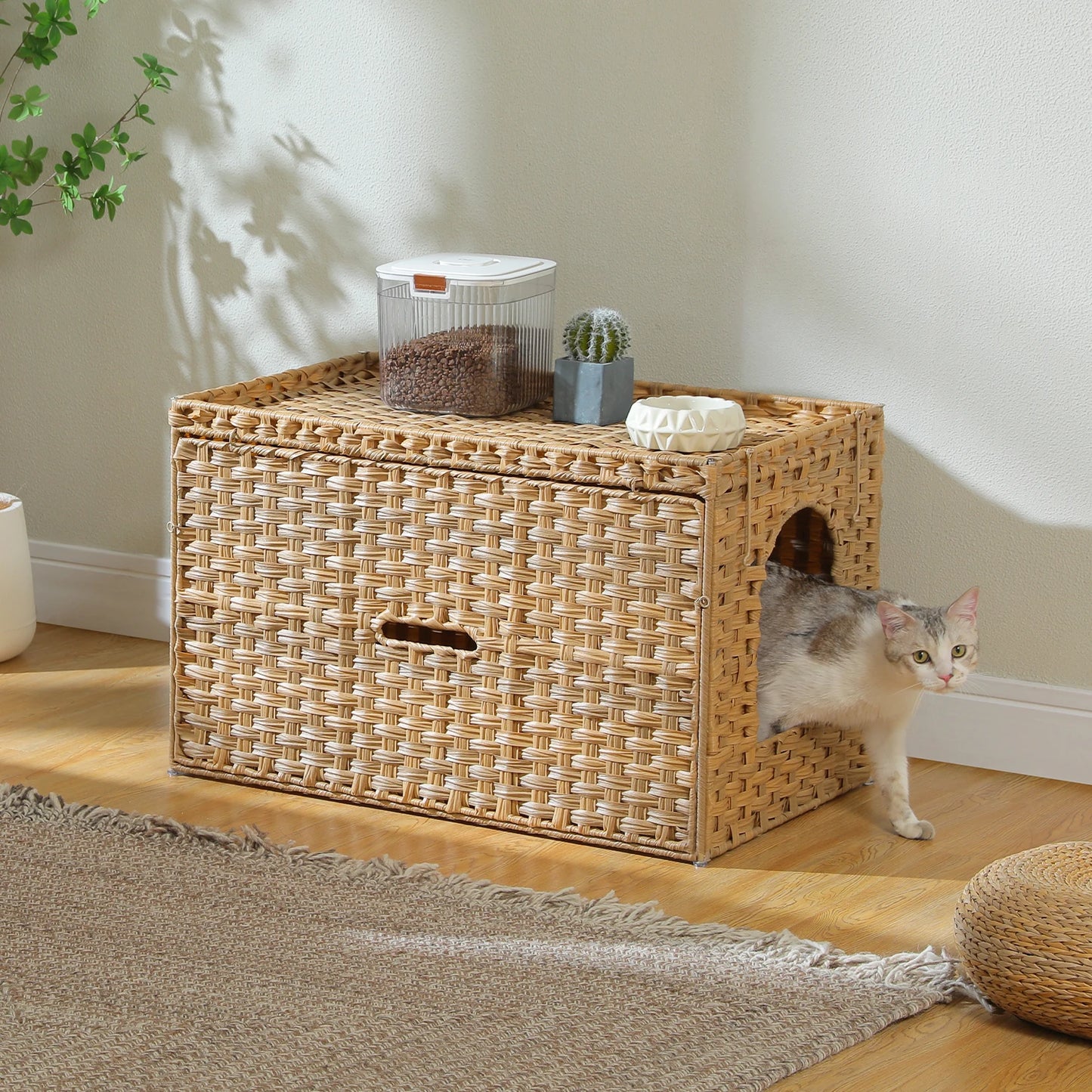 Rattan Cat Litter Box Enclosure with Taller Doorway