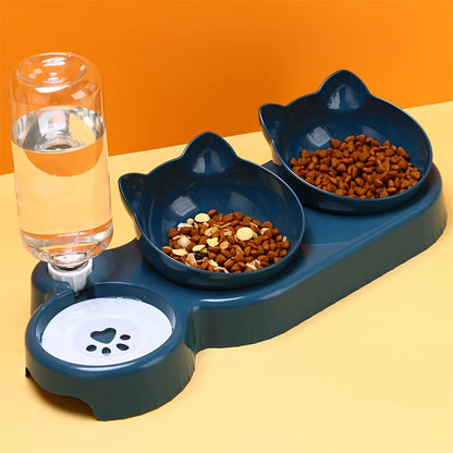 3 In 1 Ear Design Tilted Cat Water And Food Bowl Set