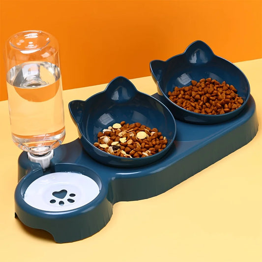 3 In 1 Ear Design Tilted Cat Water And Food Bowl Set