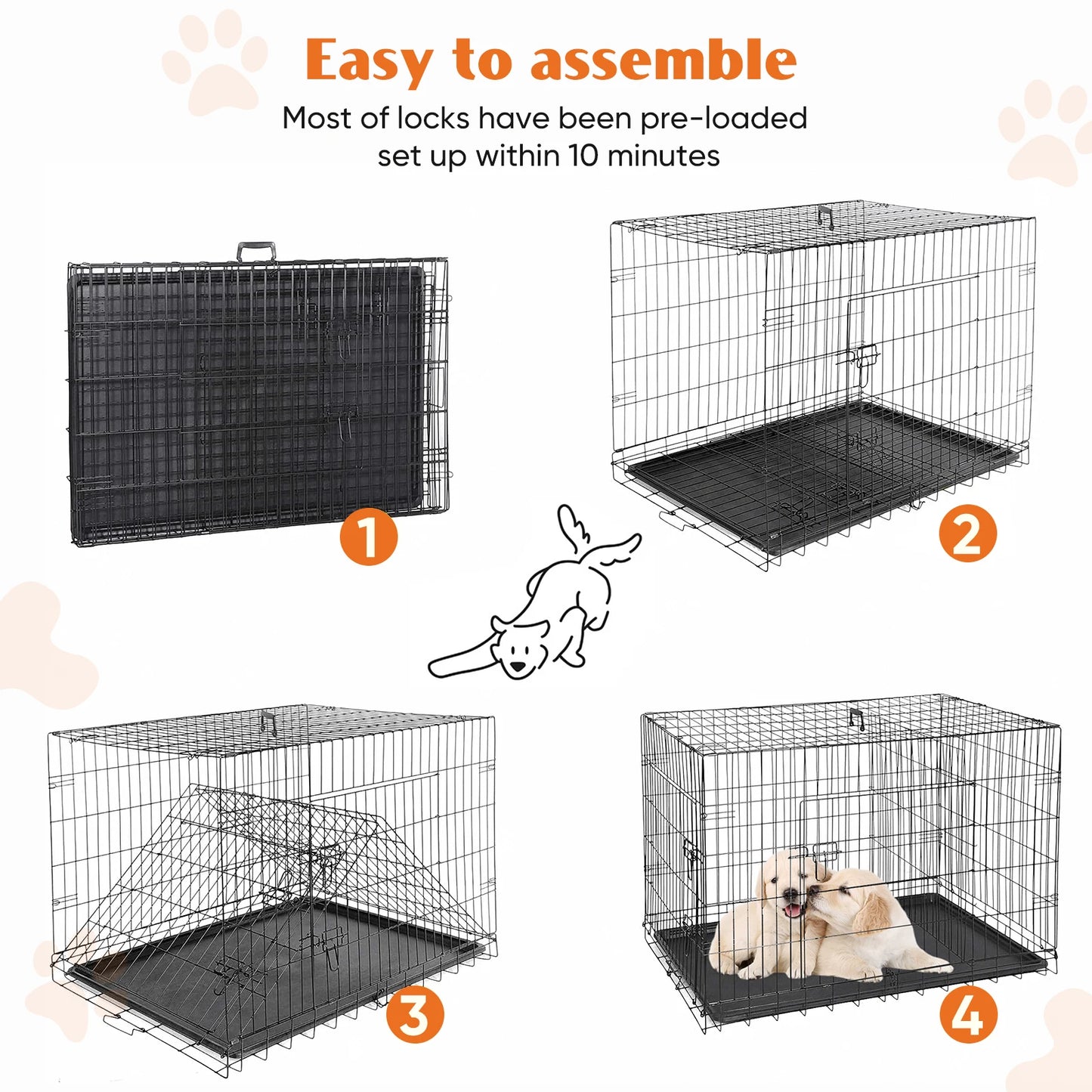 Double Door Folding Metal Wire Dog Cage with Plastic Leak-Proof Tray