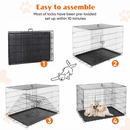 Double Door Folding Metal Wire Dog Cage with Plastic Leak-Proof Tray