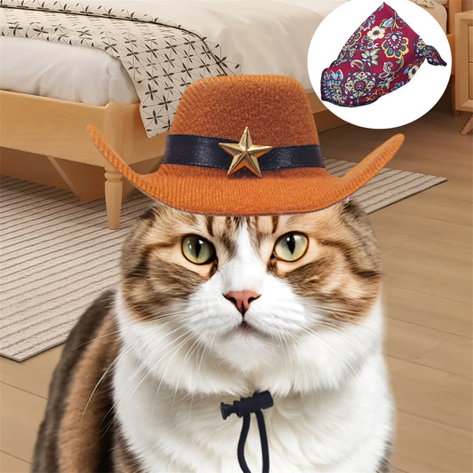 2 Pcs Pet Cowboy Hat & Bandana Set for Dogs and Cats