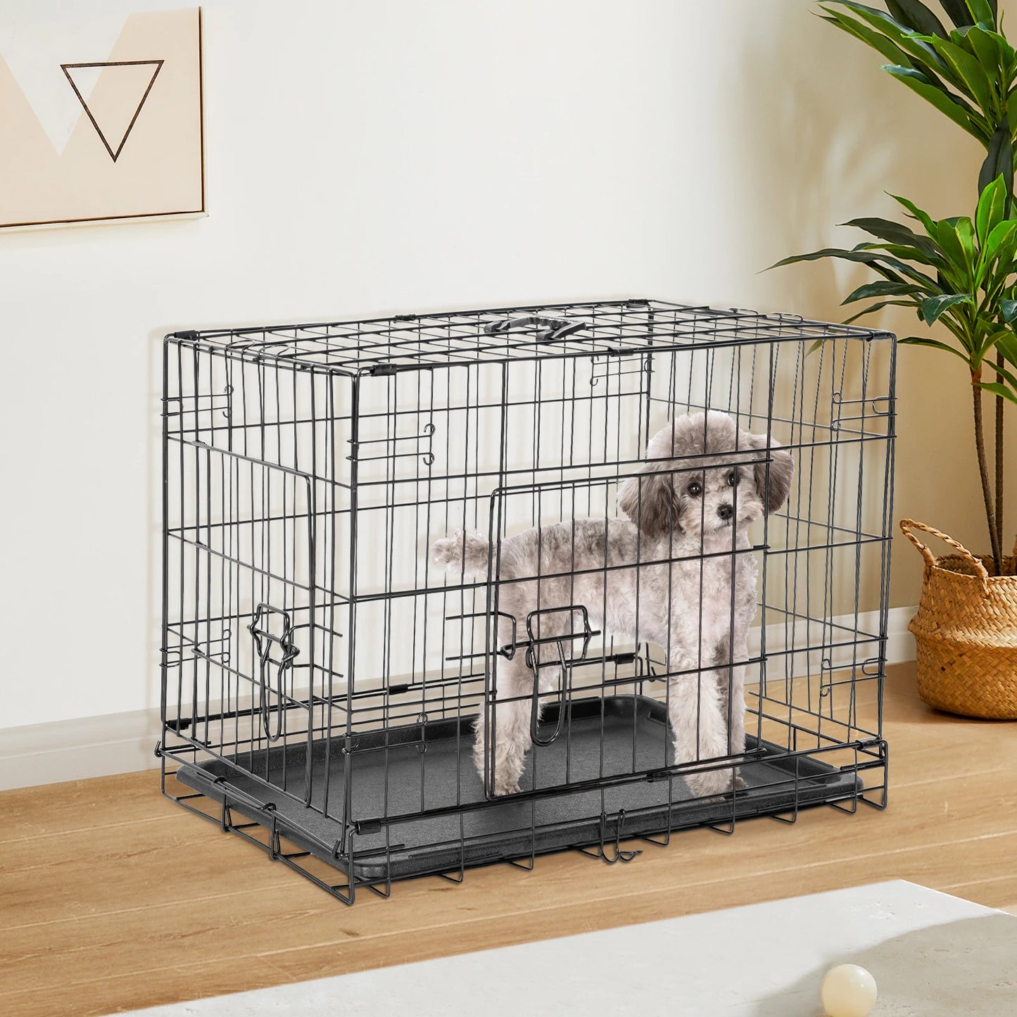 Double Door Folding Metal Wire Dog Cage with Plastic Leak-Proof Tray