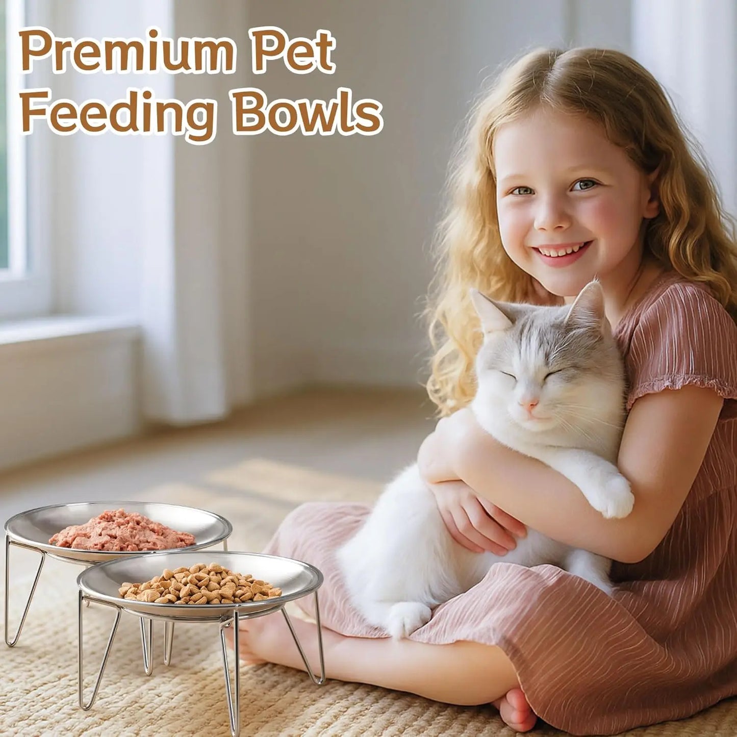 Stainless Steel Elevated Cat Bowls with Stand - Shallow Design for Whisker Fatigue