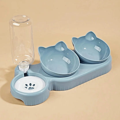 3 In 1 Ear Design Tilted Cat Water And Food Bowl Set