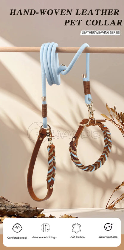 Braided Sky Blue Nylon Rope/Leather Pattern Collar
