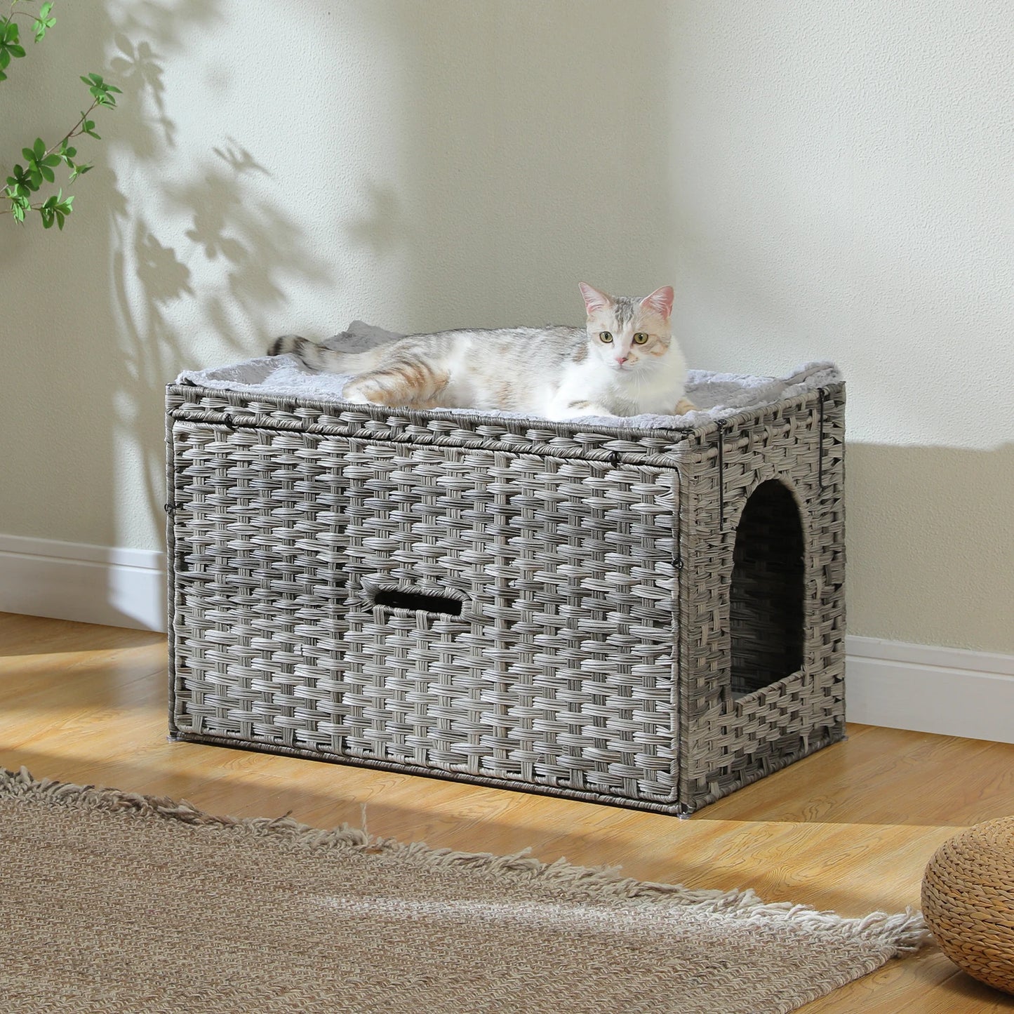 Rattan Cat Litter Box Enclosure with Taller Doorway
