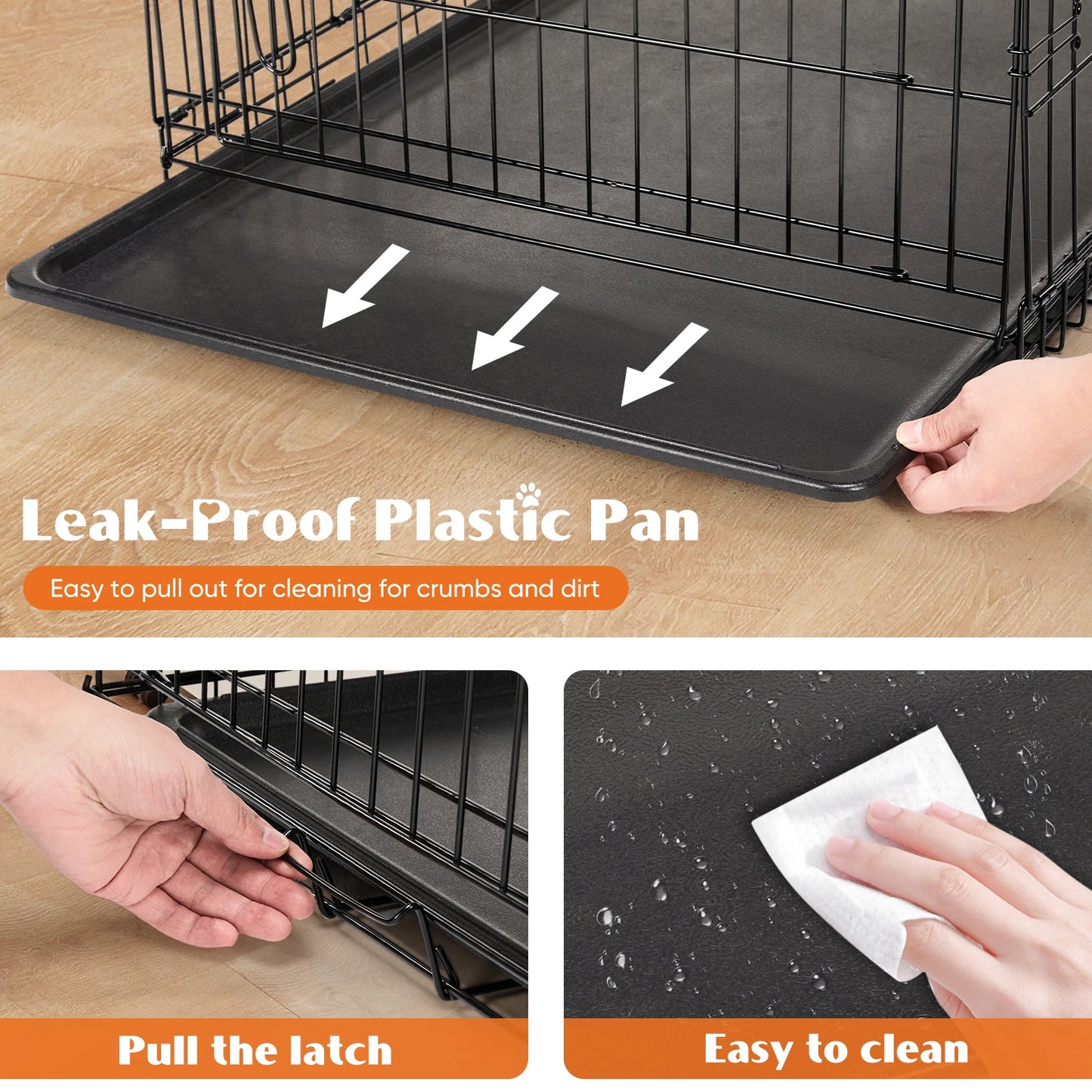 Double Door Folding Metal Wire Dog Cage with Plastic Leak-Proof Tray