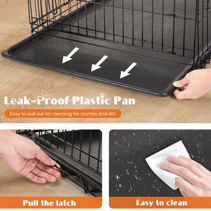 Double Door Folding Metal Wire Dog Cage with Plastic Leak-Proof Tray