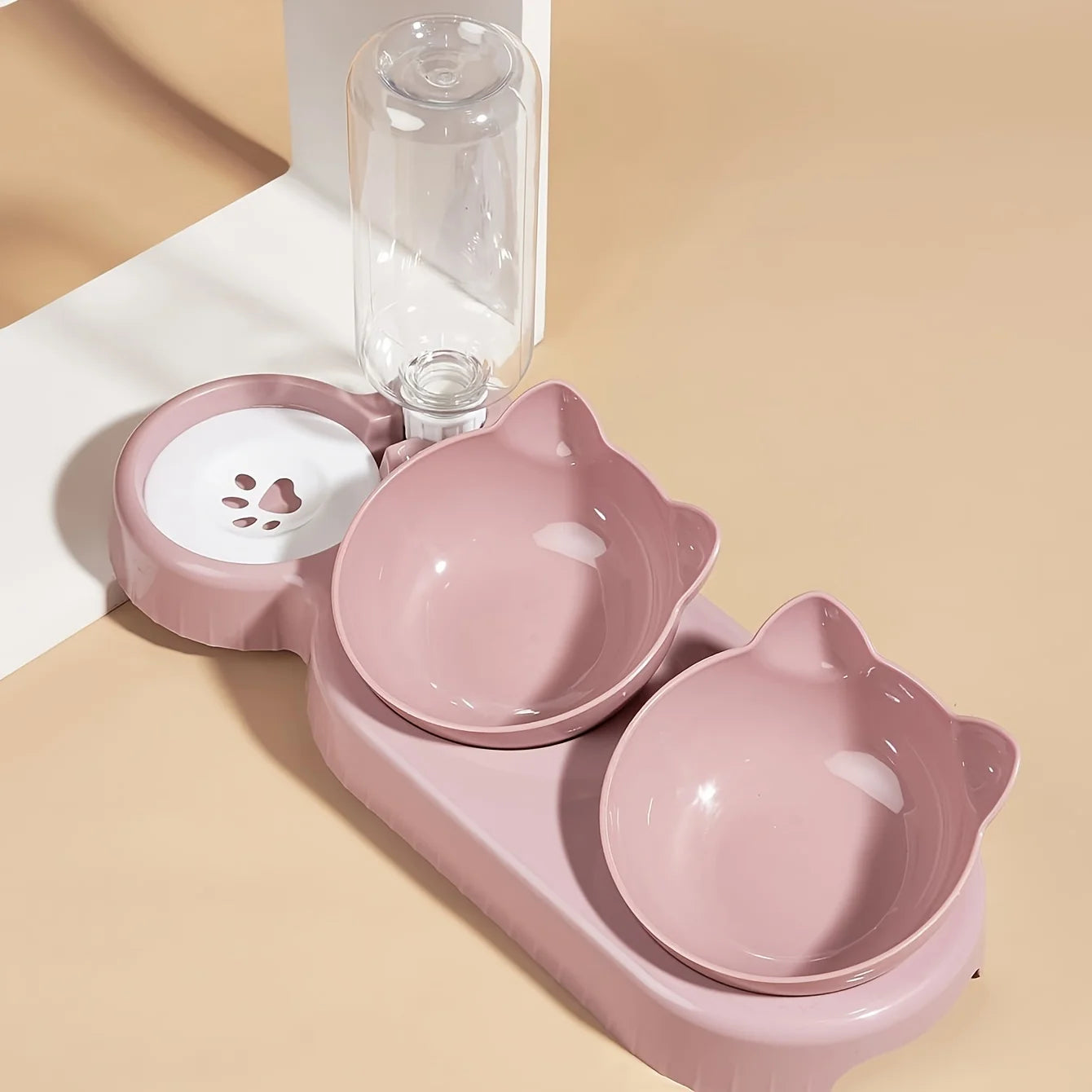 3 In 1 Ear Design Tilted Cat Water And Food Bowl Set