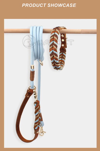 Braided Sky Blue Nylon Rope/Leather Pattern Collar