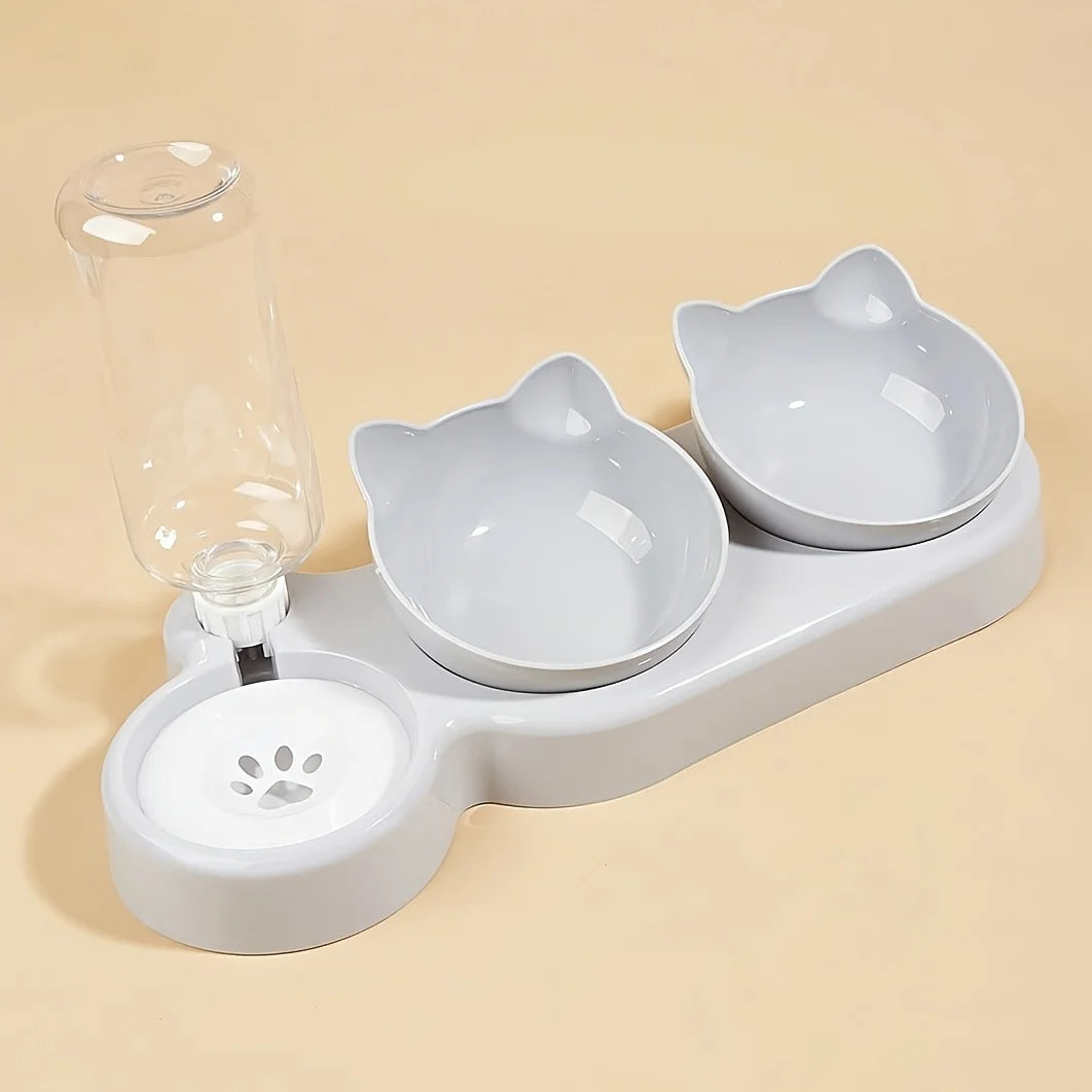 3 In 1 Ear Design Tilted Cat Water And Food Bowl Set