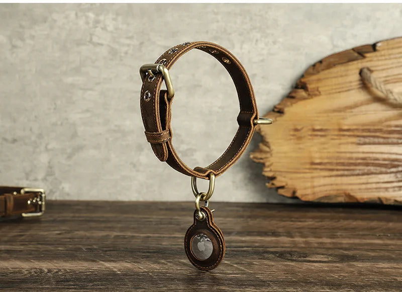 Luxury Genuine Leather "Crazy Horse" Dog Collar with Air-Tag