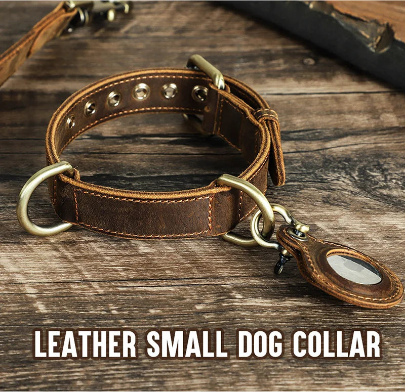 Luxury Genuine Leather "Crazy Horse" Dog Collar with Air-Tag