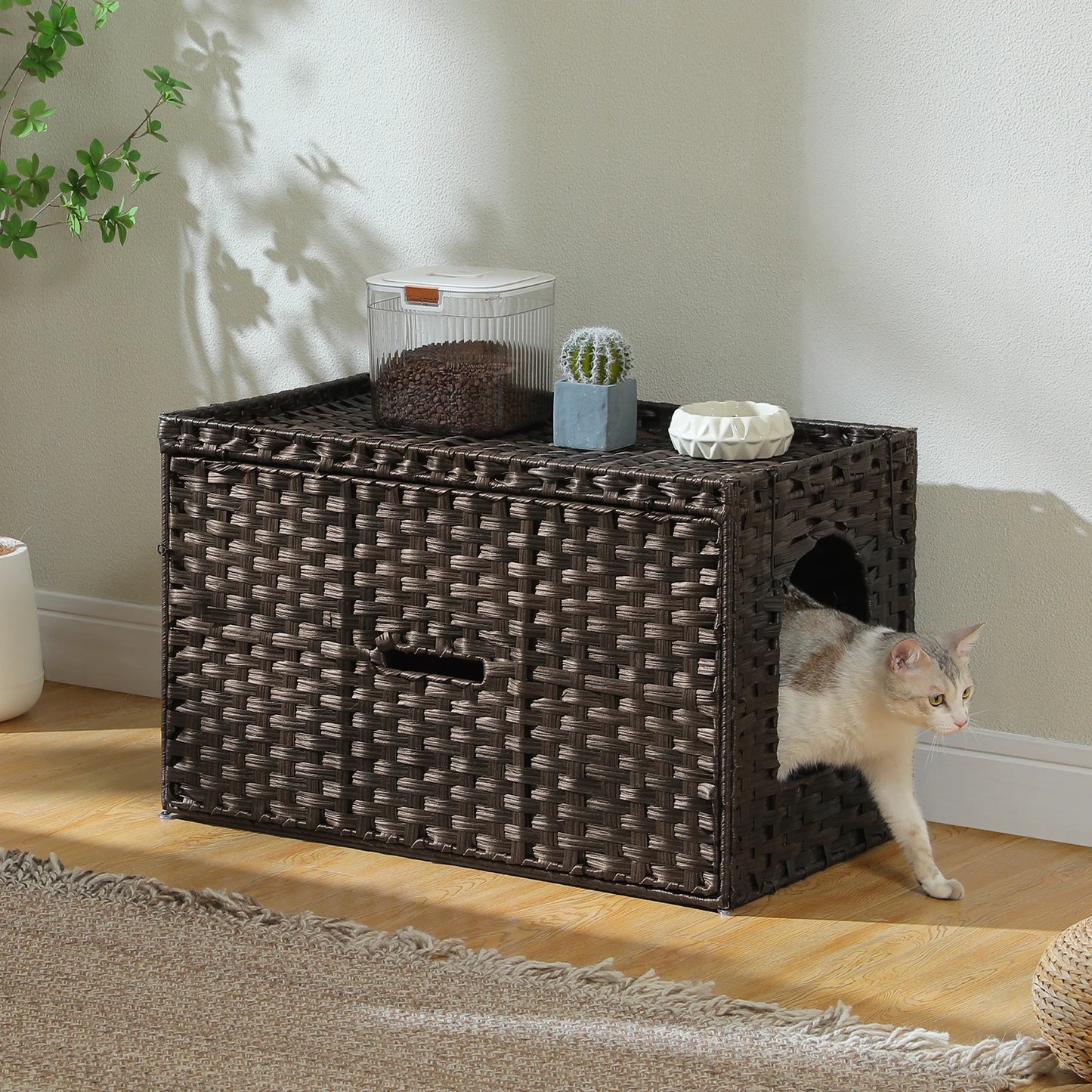 Rattan Cat Litter Box Enclosure with Taller Doorway
