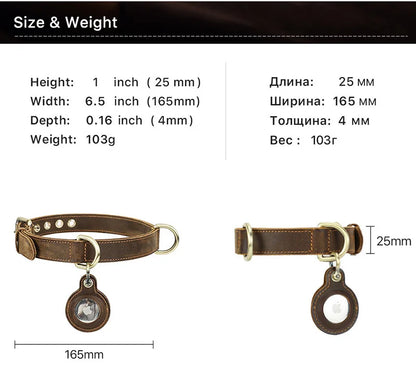 Luxury Genuine Leather "Crazy Horse" Dog Collar with Air-Tag