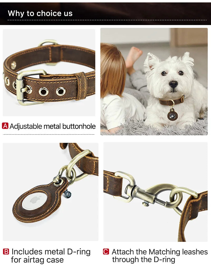 Luxury Genuine Leather "Crazy Horse" Dog Collar with Air-Tag