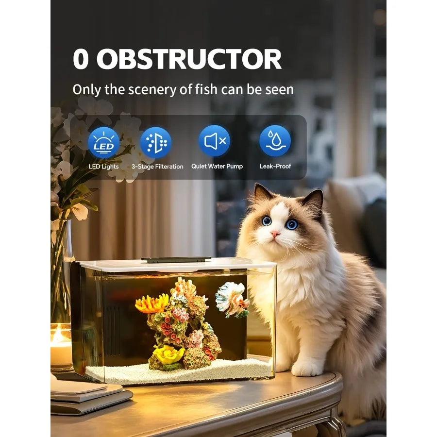 2.5 Gallon Fish Tank Small Aquarium Starter Kit with Hidden Filtration 3 Color Light Self Cleaning Nano Tank for Betta Shrimp G