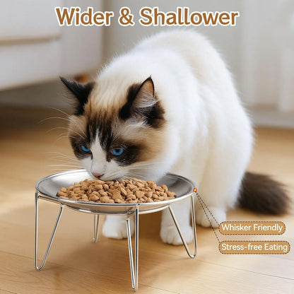 Stainless Steel Elevated Cat Bowls with Stand - Shallow Design for Whisker Fatigue