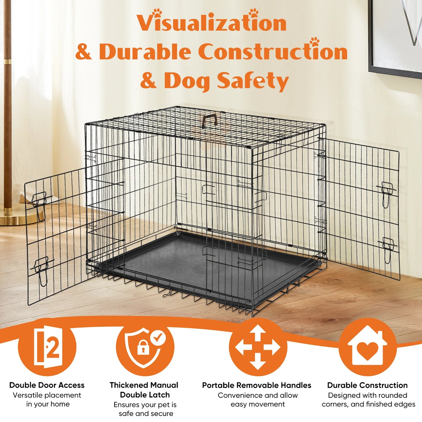Double Door Folding Metal Wire Dog Cage with Plastic Leak-Proof Tray