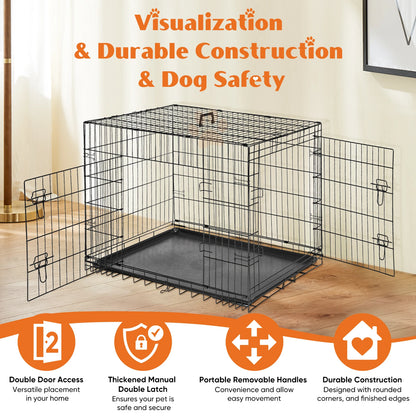 Double Door Folding Metal Wire Dog Cage with Plastic Leak-Proof Tray