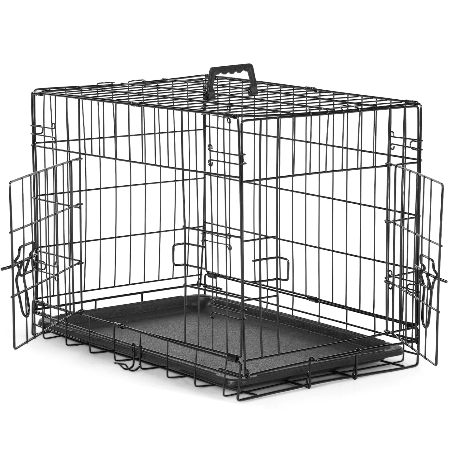 Double Door Folding Metal Wire Dog Cage with Plastic Leak-Proof Tray