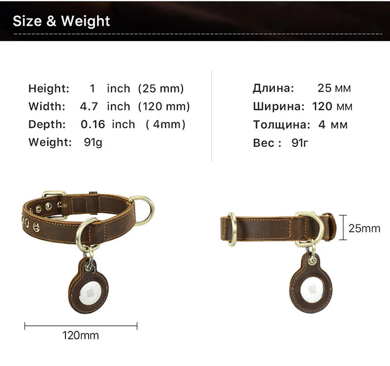 Luxury Genuine Leather "Crazy Horse" Dog Collar with Air-Tag