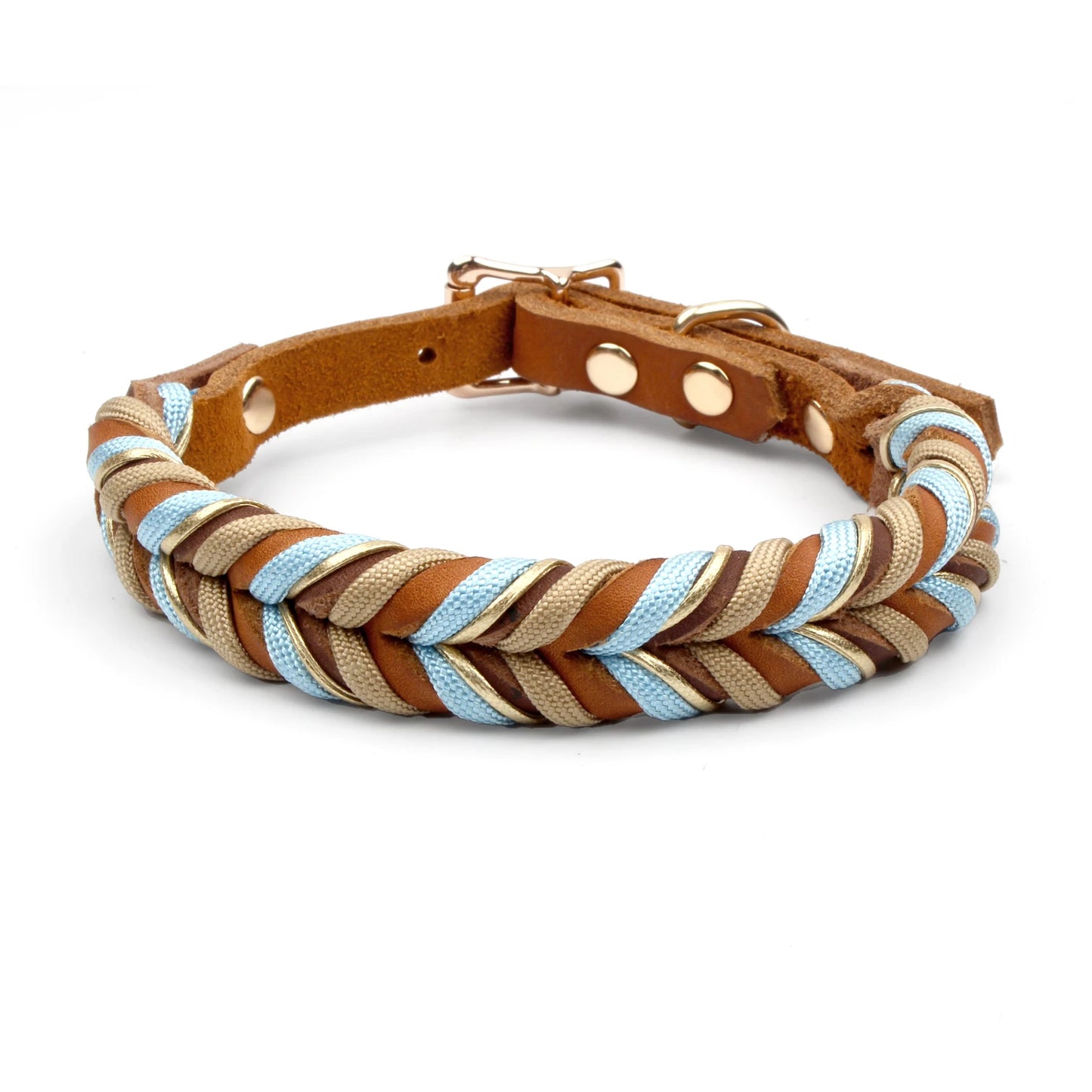 Braided Sky Blue Nylon Rope/Leather Pattern Collar