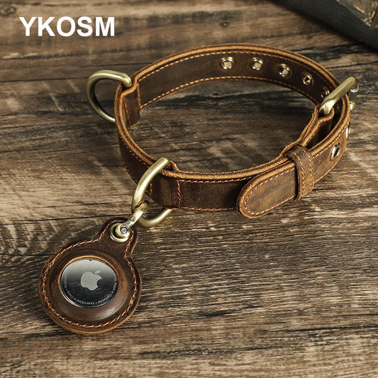 Luxury Genuine Leather "Crazy Horse" Dog Collar with Air-Tag