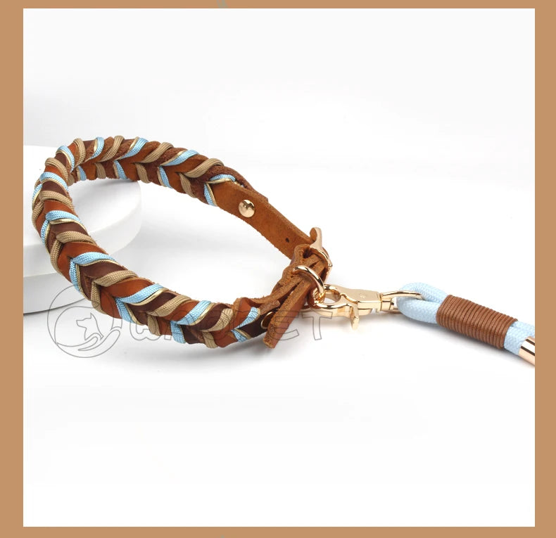 Braided Sky Blue Nylon Rope/Leather Pattern Collar