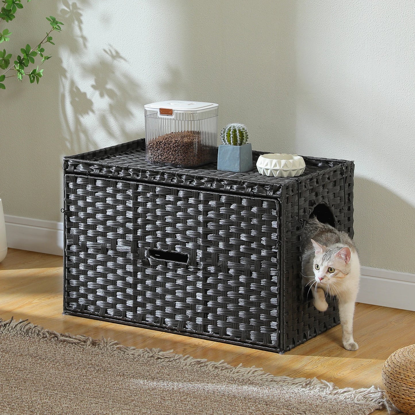 Rattan Cat Litter Box Enclosure with Taller Doorway