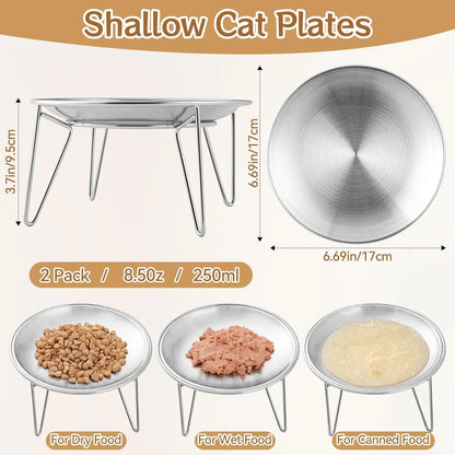 Stainless Steel Elevated Cat Bowls with Stand - Shallow Design for Whisker Fatigue