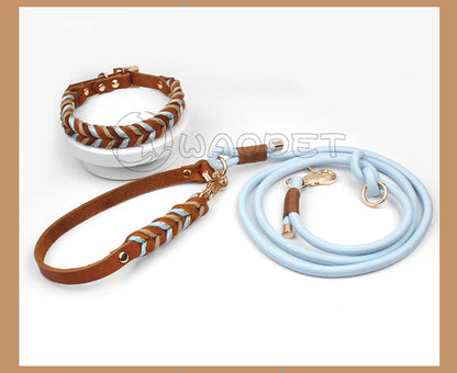 Braided Sky Blue Nylon Rope/Leather Pattern Collar