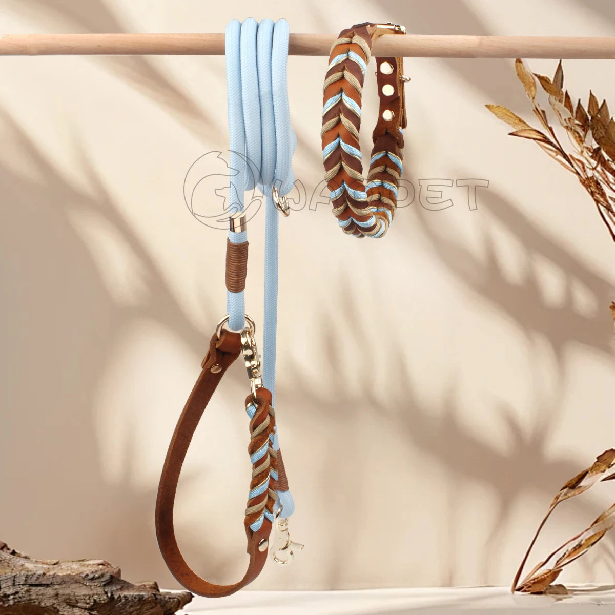 Braided Sky Blue Nylon Rope/Leather Pattern Collar