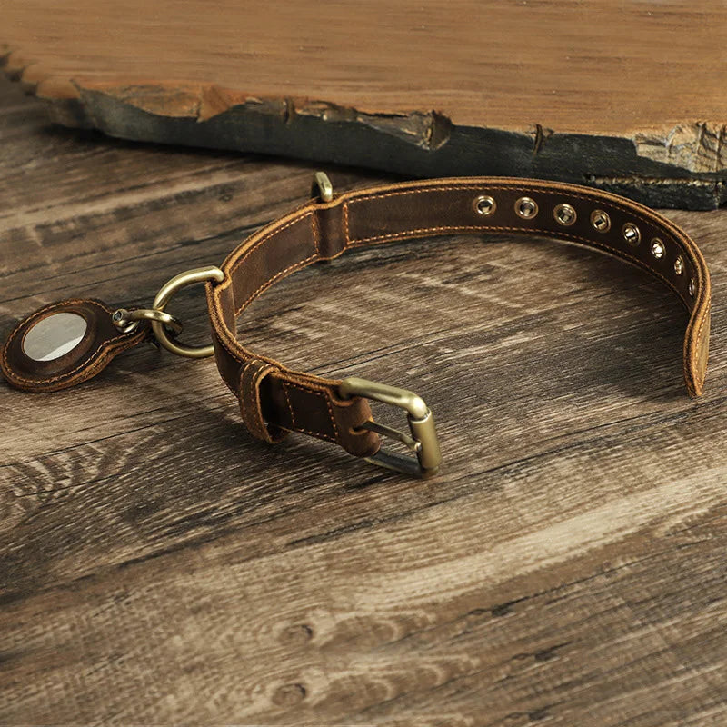 Luxury Genuine Leather "Crazy Horse" Dog Collar with Air-Tag