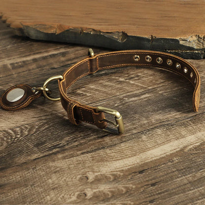 Luxury Genuine Leather "Crazy Horse" Dog Collar with Air-Tag